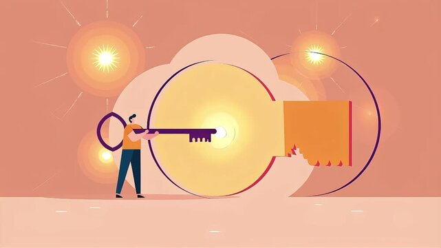 Person unlocking glowing square with key illustration