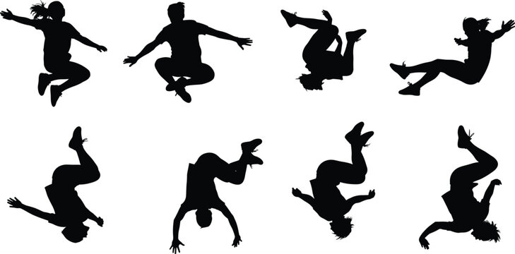 Dynamic jumping silhouettes collection showing people performing flips jumps and acrobatic moves in energetic poses isolated on white background