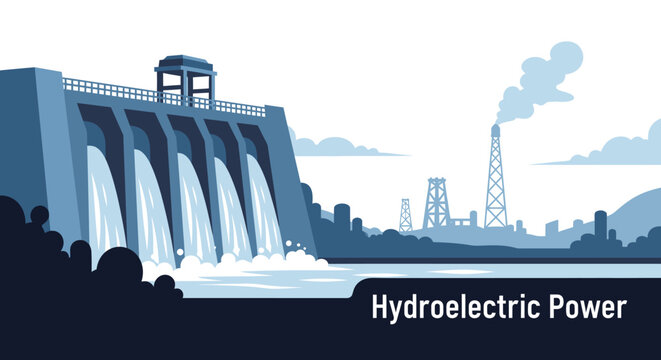 Hydroelectric power dam illustration with flowing water. EPS Editable. Vector Illustrations.