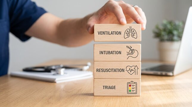 Healthcare professional arranging wooden blocks representing critical medical procedures in a conceptual display of emergency care protocols