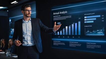 Fototapeta premium Business Professional Presenting Financial Data on a Large Screen in a Modern Conference Room
