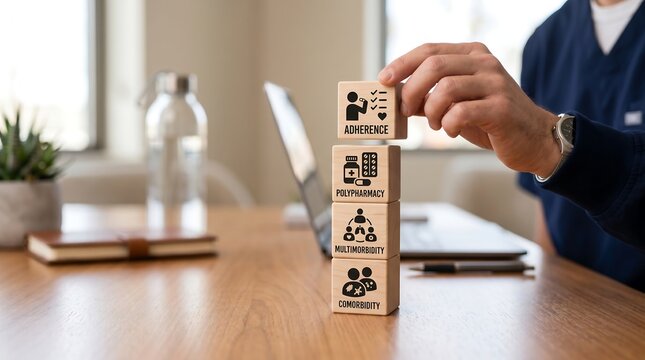 Healthcare professional stacking wooden blocks illustrating adherence polypharmacy multimorbidity and comorbidity concepts during consultation