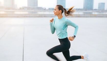 Obraz premium Woman running on city sidewalk in athletic wear with watch