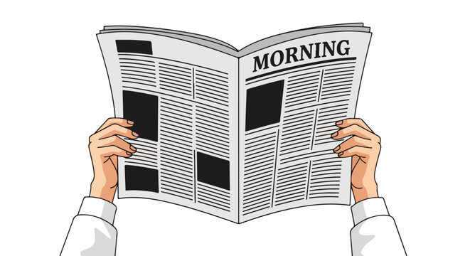 Two hands holding an open newspaper with text and images on a white background