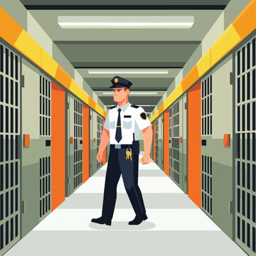 A prison guard in uniform walks down a hallway lined with rows of locked cells