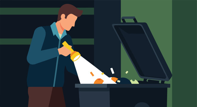 A man searches through a trash bin at night using a bright handheld flashlight