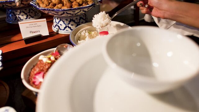 Person Serving Steamed White Rice at a Thai Food Buffet