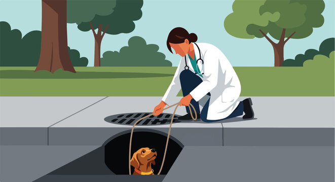 A veterinarian kneeling to rescue a trapped dog from an open storm drain outdoors