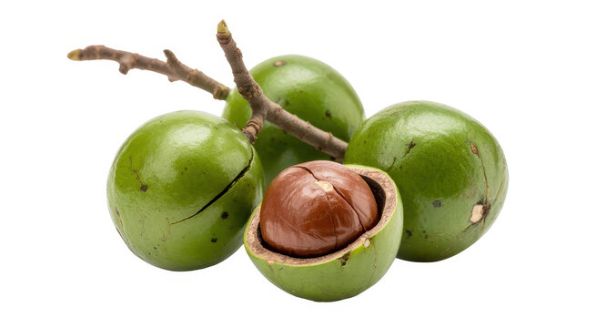 Fresh green mamoncillo fruits with one opened showing the brown seed on a white background