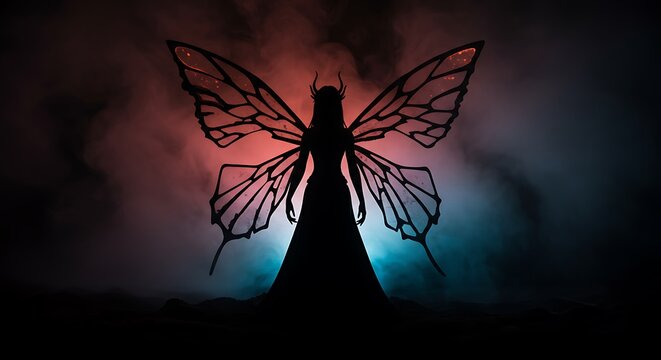 Silhouette of a fairy with wings against dramatic colored lighting