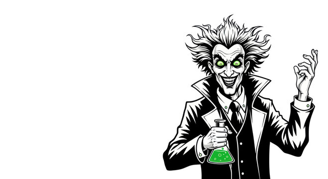 Mad Scientist with Glowing Eyes Holding Flask of Green Liquid, Comic Style