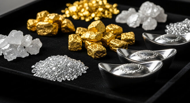 Collection of precious gold nuggets diamonds and silver ingots