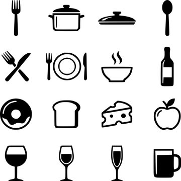 Culinary Essentials Iconography: A collection of meticulously crafted, clean, black-and-white icons representing the cornerstone elements of the dining experience.