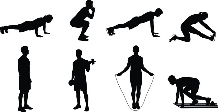 Fitness silhouettes collection showing workout exercises including push up squat jump rope stretching and strength training isolated on white background