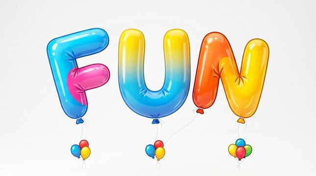 Vibrant and glossy balloon letters spelling the word 'FUN' in gradient colors, each letter held by smaller colorful balloons, creating a cheerful and playful graphic illustration on a clean white back