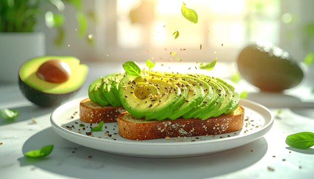 Sliced Avocado Toast with Sprouts and Basil.
