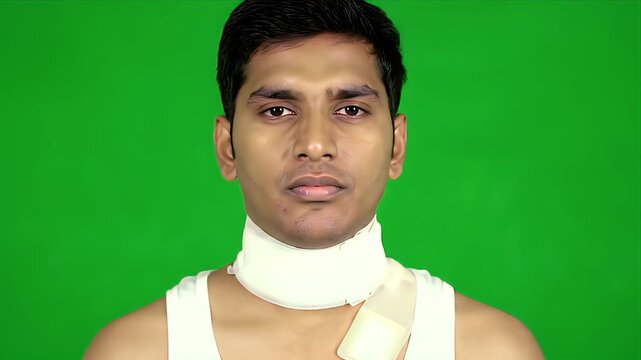 Young Indian Man With Neck Brace And White Tank Top Isolated On Green Screen Chroma Key Background