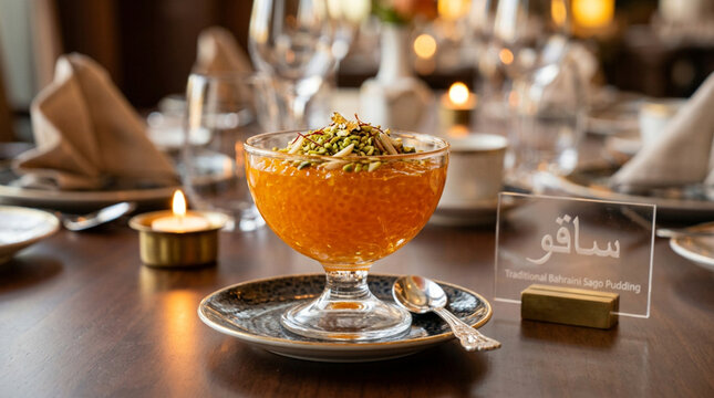 Traditional Bahraini Sago Dessert with Saffron Jelly & Pistachio Fine Dining Presentation