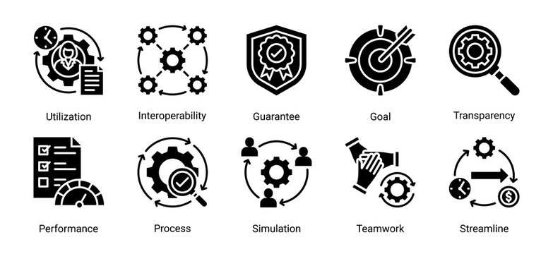 Process Management icon set featuring workflow,process,performance,and optimization concepts.Perfect for business operations,system integration,and efficiency improvement.