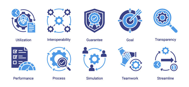 Process Management icon set featuring workflow,process,performance,and optimization concepts.Perfect for business operations,system integration,and efficiency improvement.