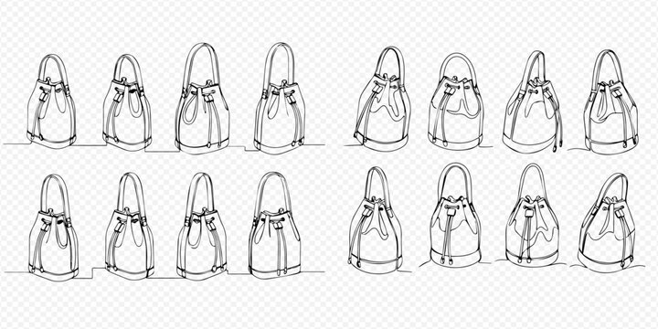 Set of continuous line art drawings of various drawstring bags, fashion accessories in minimalist style.