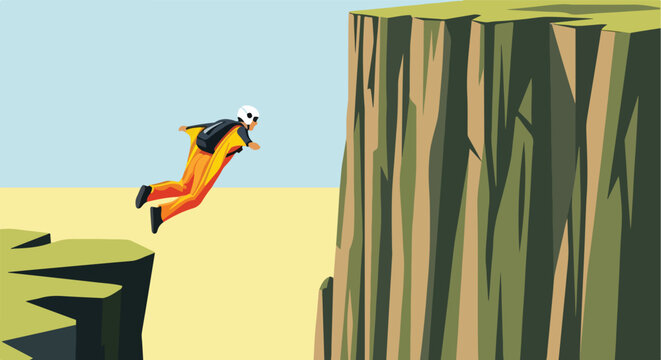 A base jumper in a wingsuit glides between two steep cliffs in the desert sun