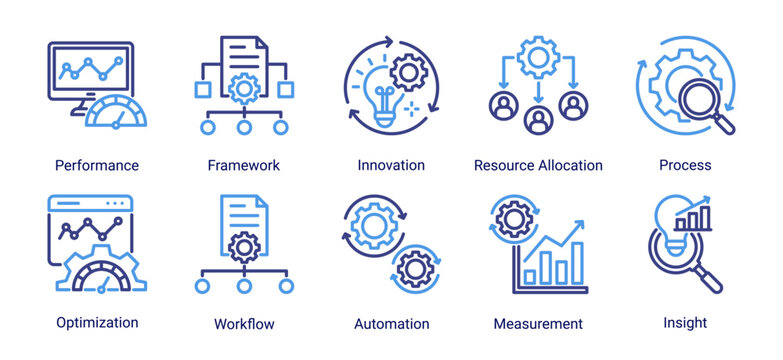 Process Management icon set featuring business,process,workflow,automation,and optimization concepts.Perfect for data analysis,system management,and performance improvement.