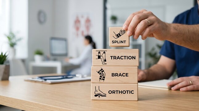 Medical rehabilitation services categorized on wooden blocks with icons of splint traction brace and orthotic equipment in a clinic setting