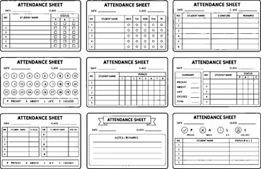 Fototapeta premium Collection of various blank attendance sheet templates for employee
