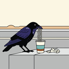 Obraz premium A black raven stands on a ledge, eating noodles from a disposable paper cup