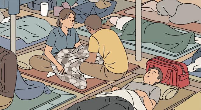 People sitting and lying on cots in a crowded shelter with blankets and luggage