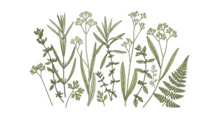 Fototapeta premium Vintage botanical herb illustration, hand drawn green medicinal plants and wild flowers, rustic organic garden herbs on white background