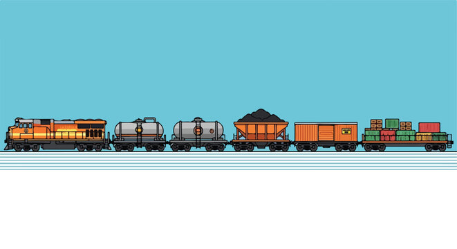 A colorful cartoon freight train engine pulling cargo cars against a blue sky