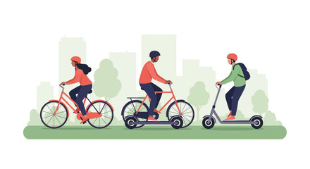 Fototapeta premium People riding bicycles and an electric scooter in a city park. EPS Editable. Vector Illustrations.