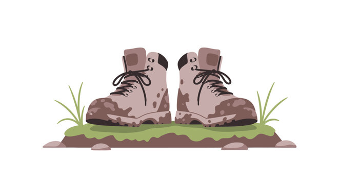 Pair of dirty hiking boots resting on a patch of grassy ground. EPS Editable. Vector Illustrations.