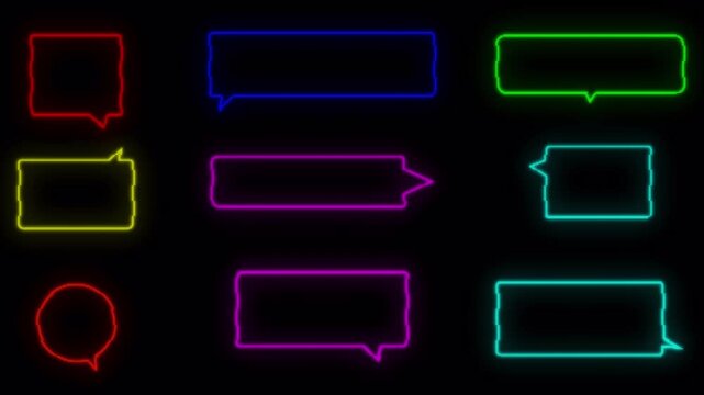 Neon glitch bubble speech icon set animation on transparent background, hand drawn dialogue box set animated in 4k.