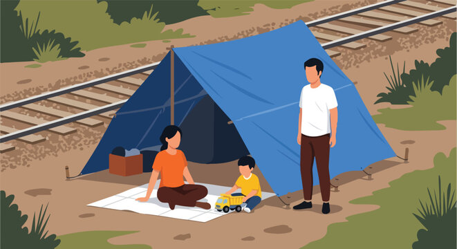 A family rests in a makeshift blue tent beside rural train tracks in the wild