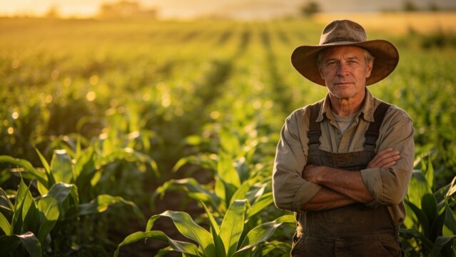Portrait of Confident Senior Farmer Standing with Arms Crossed in Corn Field at Sunset
