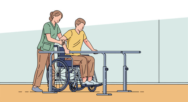 A healthcare worker assists a man in a wheelchair using parallel rehab bars