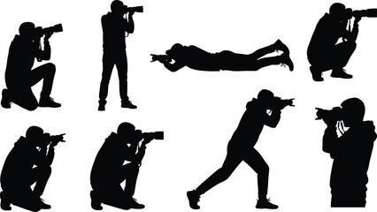 Photographer silhouettes collection capturing images in various shooting positions with professional camera isolated on white background for creative projects © Akhi999