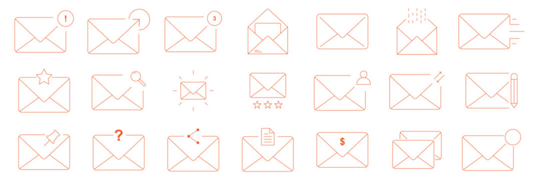 Mail and email outline icon set, envelope message inbox and attachment vector icons isolated
