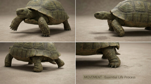 turtle demonstrating movement as a basic life process on textured surface close-up
