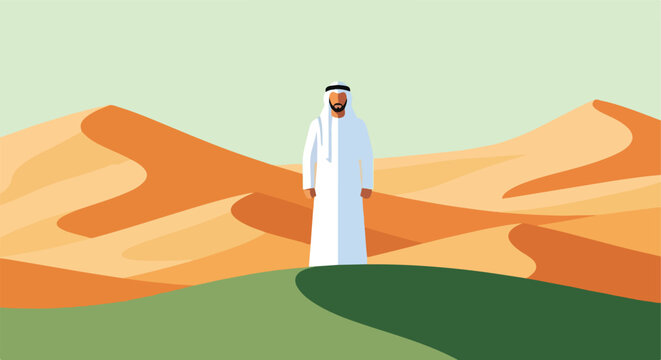 A man in traditional white thobe stands amidst vast, sun-drenched golden sand dunes
