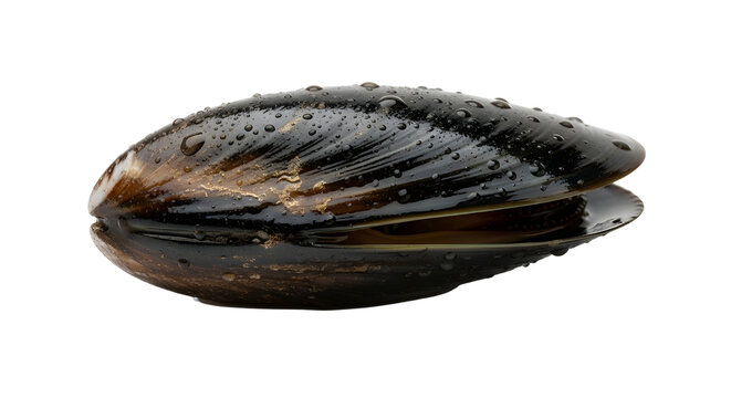 Fresh blue mussel with water droplets, raw black shellfish isolated on white background, organic seafood ingredient for gourmet cooking
