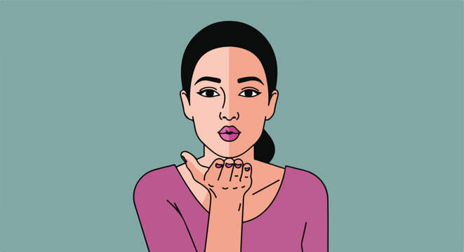 A stylized vector illustration of a young woman blowing a kiss to the camera