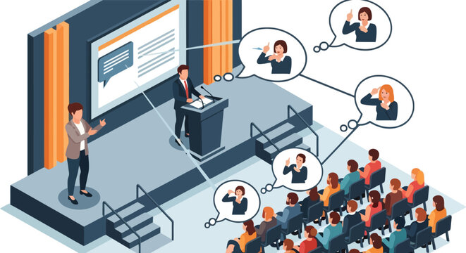 Business presentation with audience and speakers.