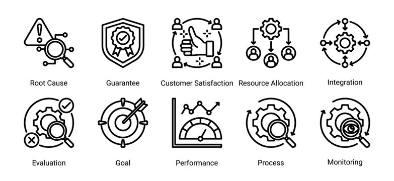 Process Management icon set featuring analysis,evaluation,goal setting,and monitoring concepts.Ideal for business systems,performance tracking,and process improvement.