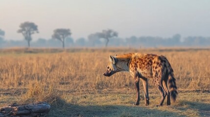 Fototapeta premium Spotted Hyena Walking Through Grassland at Dawn in Soft Light