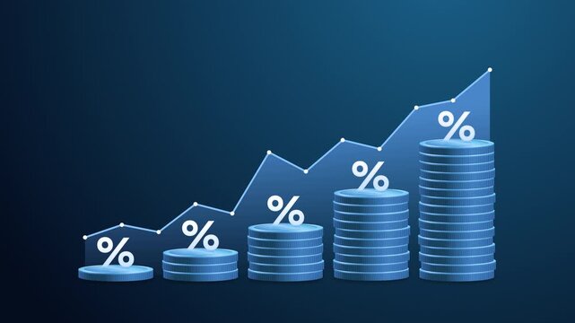 Rising interest rate concept. Stacked coin with percentage and upward line chart. Symbolizing mortgage investment, business hike growth, stocks, mutual fund, and high exchange rate