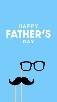 Happy Father's Day greeting card with mustache and glasses photo props on light blue background.